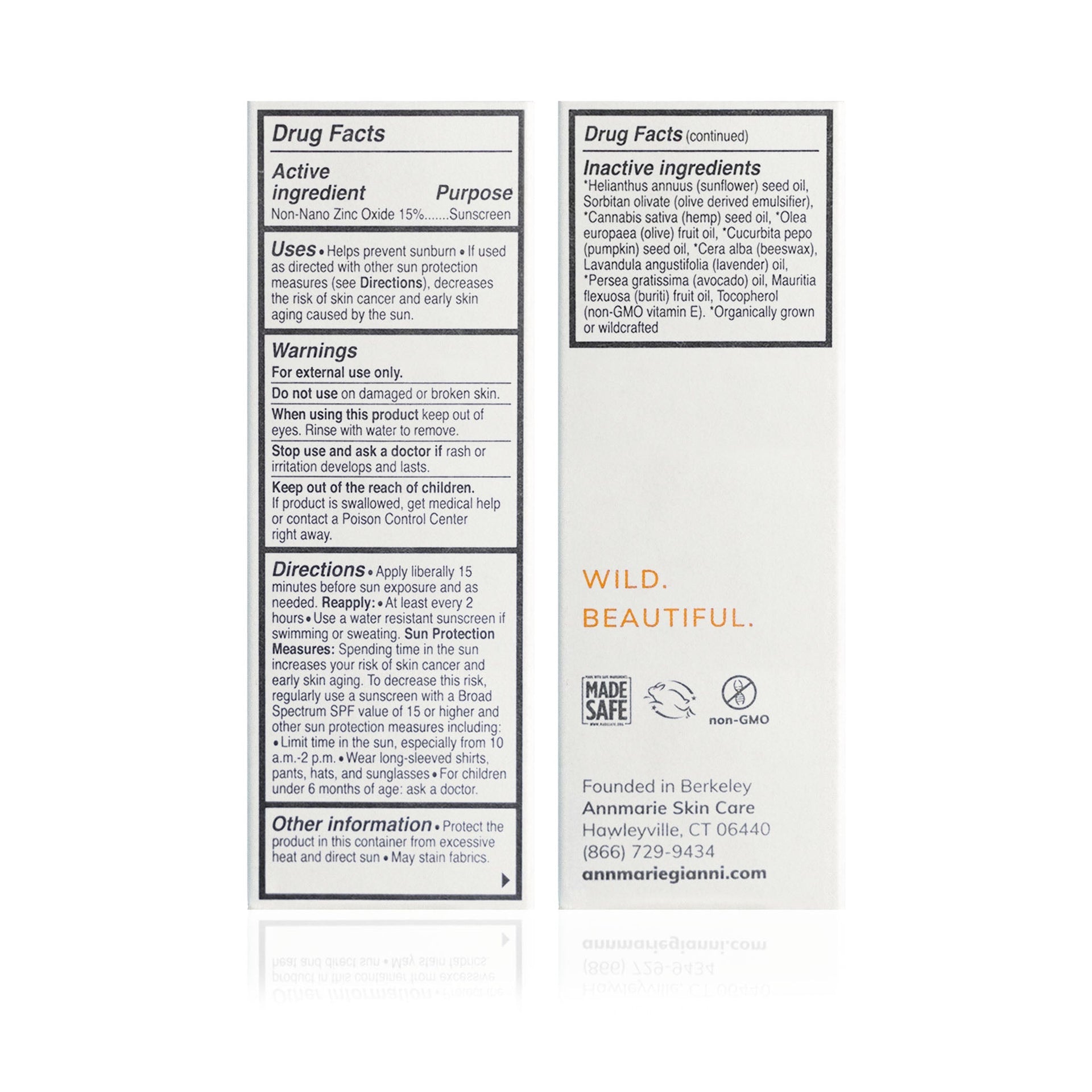 Annmarie Sun Love sunscreen packaging with ingredient and product information