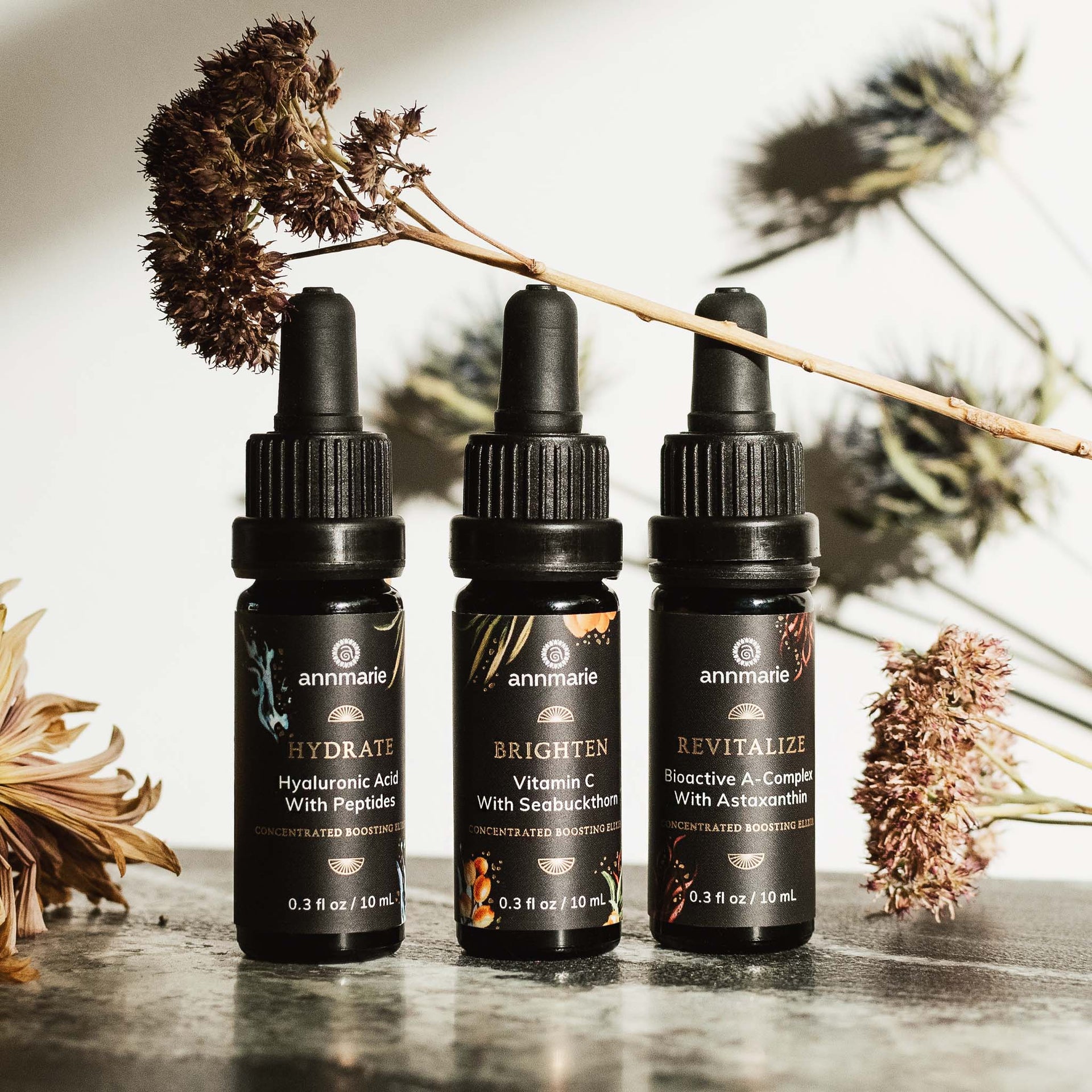 Annmarie Concentrated Boosting Elixirs with botanical ingredients and premium skincare presentation