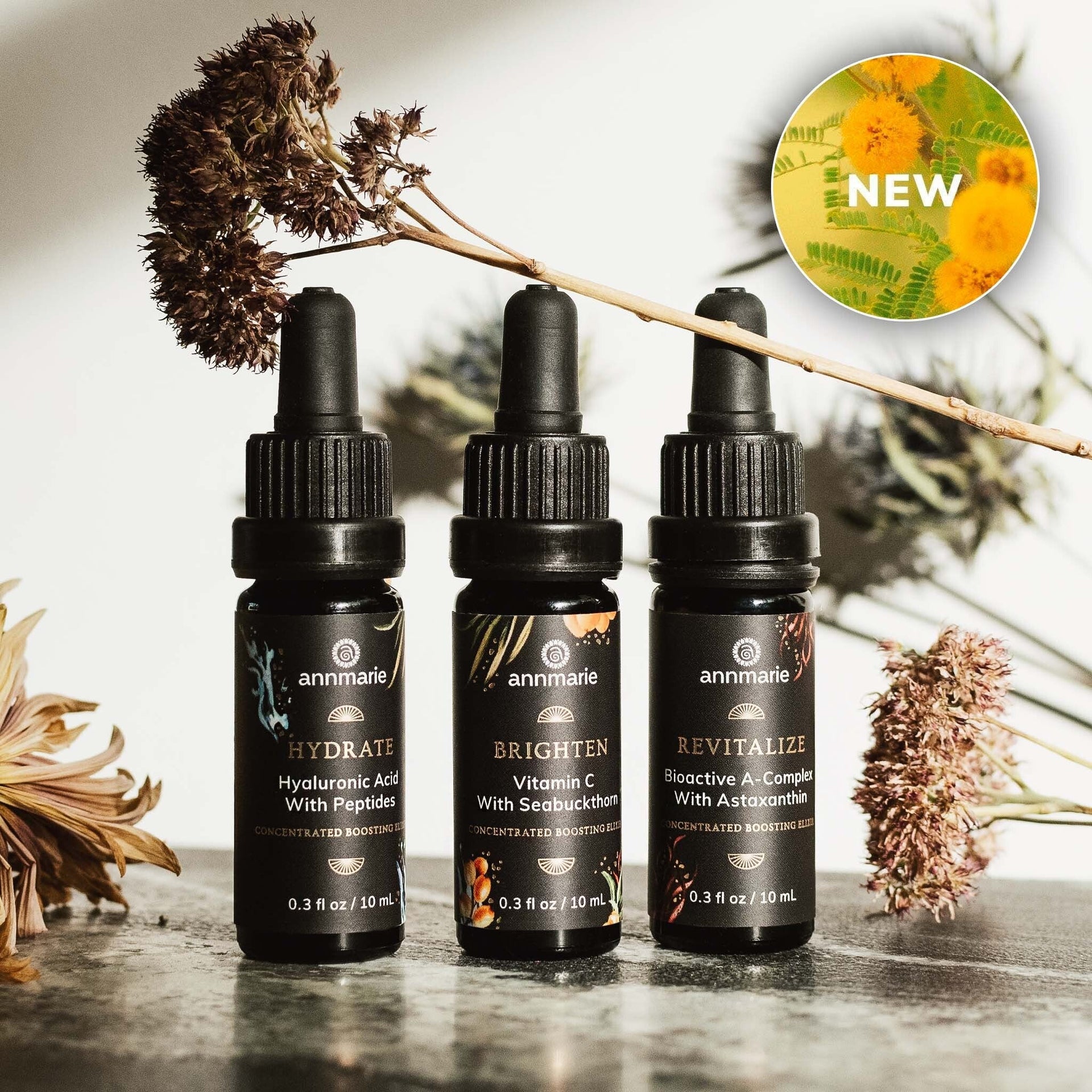 Annmarie Concentrated Boosting Elixirs featuring Hydrate, Brighten, and Revitalize skincare boosters