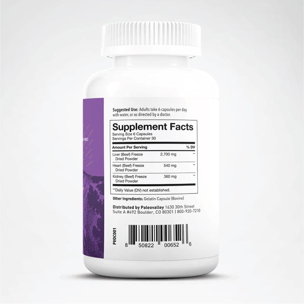 Back label of Paleovalley Grass Fed Organ Complex showing Supplement Facts with freeze-dried beef liver, heart, and kidney ingredients.