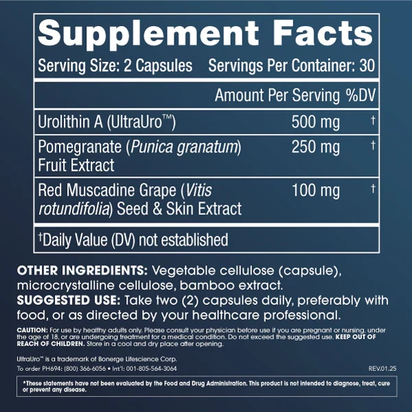 Prohealth Longevity Full Spectrum Urolithin A - 60 Capsules - Supplement Facts