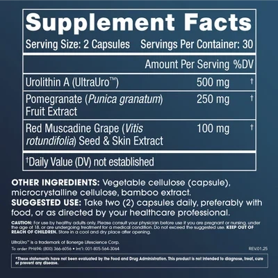 Prohealth Longevity Full Spectrum Urolithin A - 60 Capsules - Supplement Facts