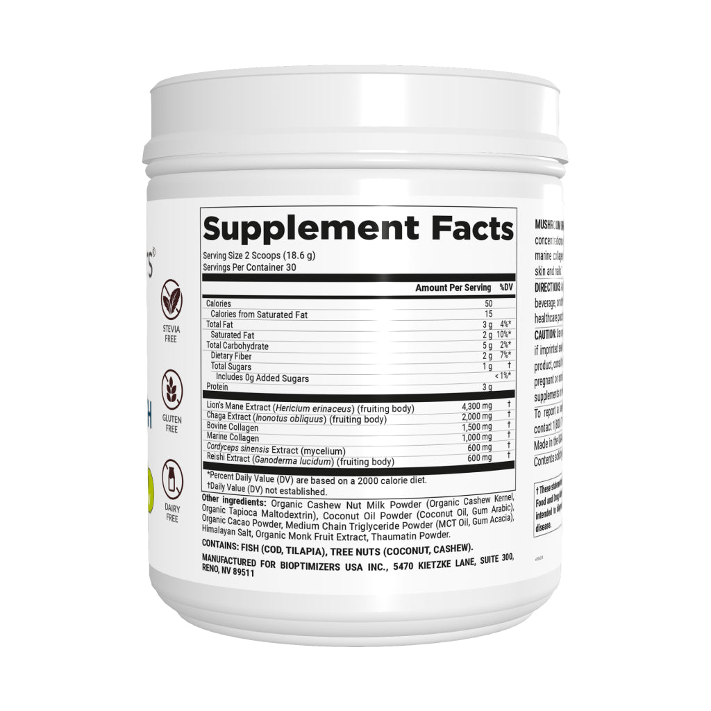 Supplement Facts and Ingredients of Direction on how to prepare BIOptimizers Mushroom Breakthrough - Chocolicious & Salted Caramel
