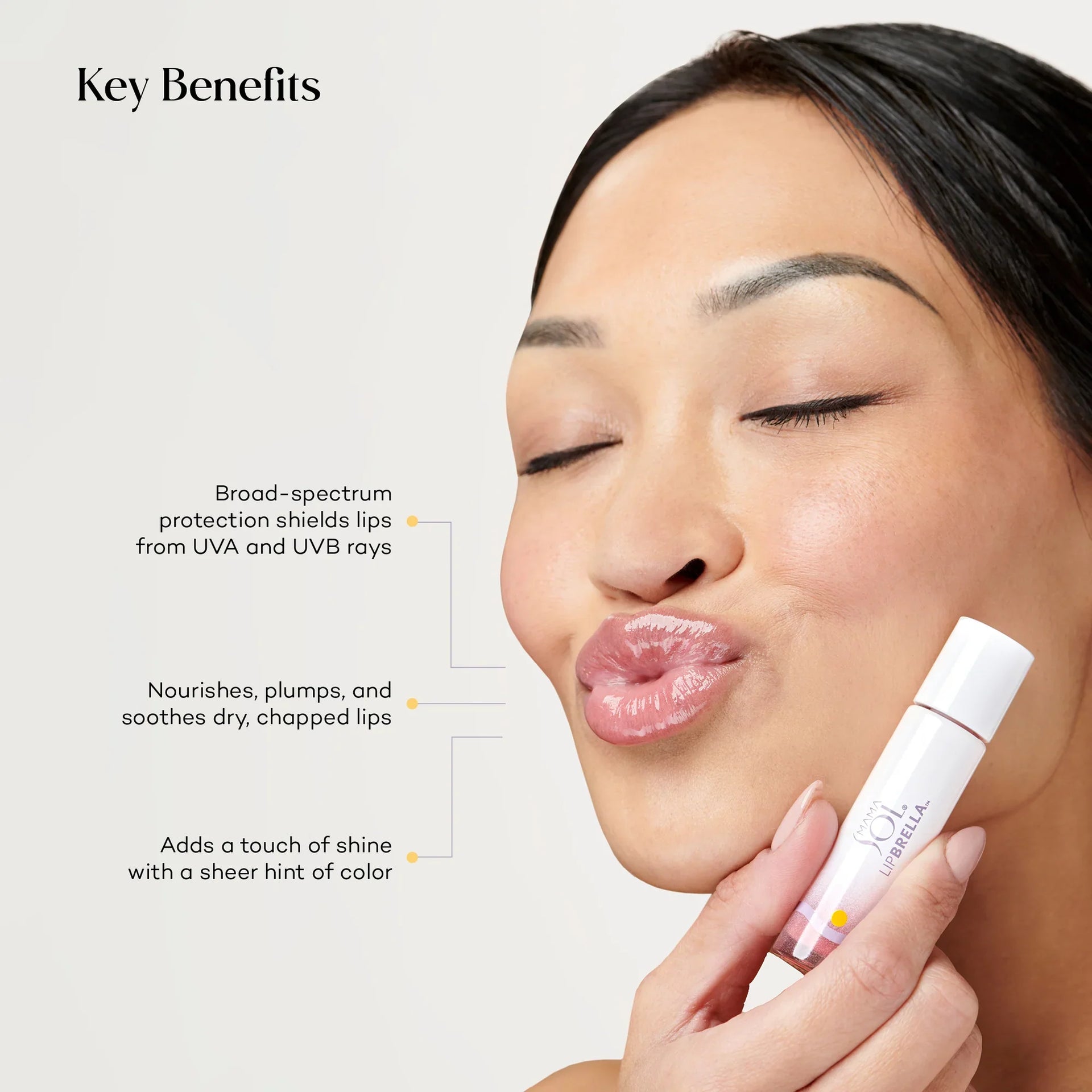 Key benefits graphic for Mama Sol LIPBRELLA™ mineral lip oil