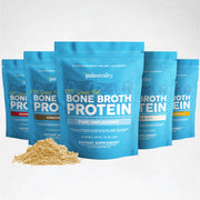 Variety of Paleo Valley grass fed bone broth protein powders including unflavored, chocolate, vanilla, and savory options