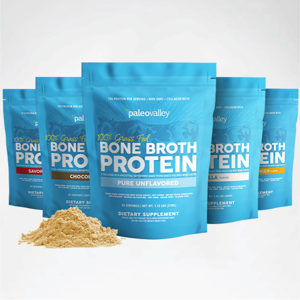Variety of Paleo Valley grass fed bone broth protein powders including unflavored, chocolate, vanilla, and savory options