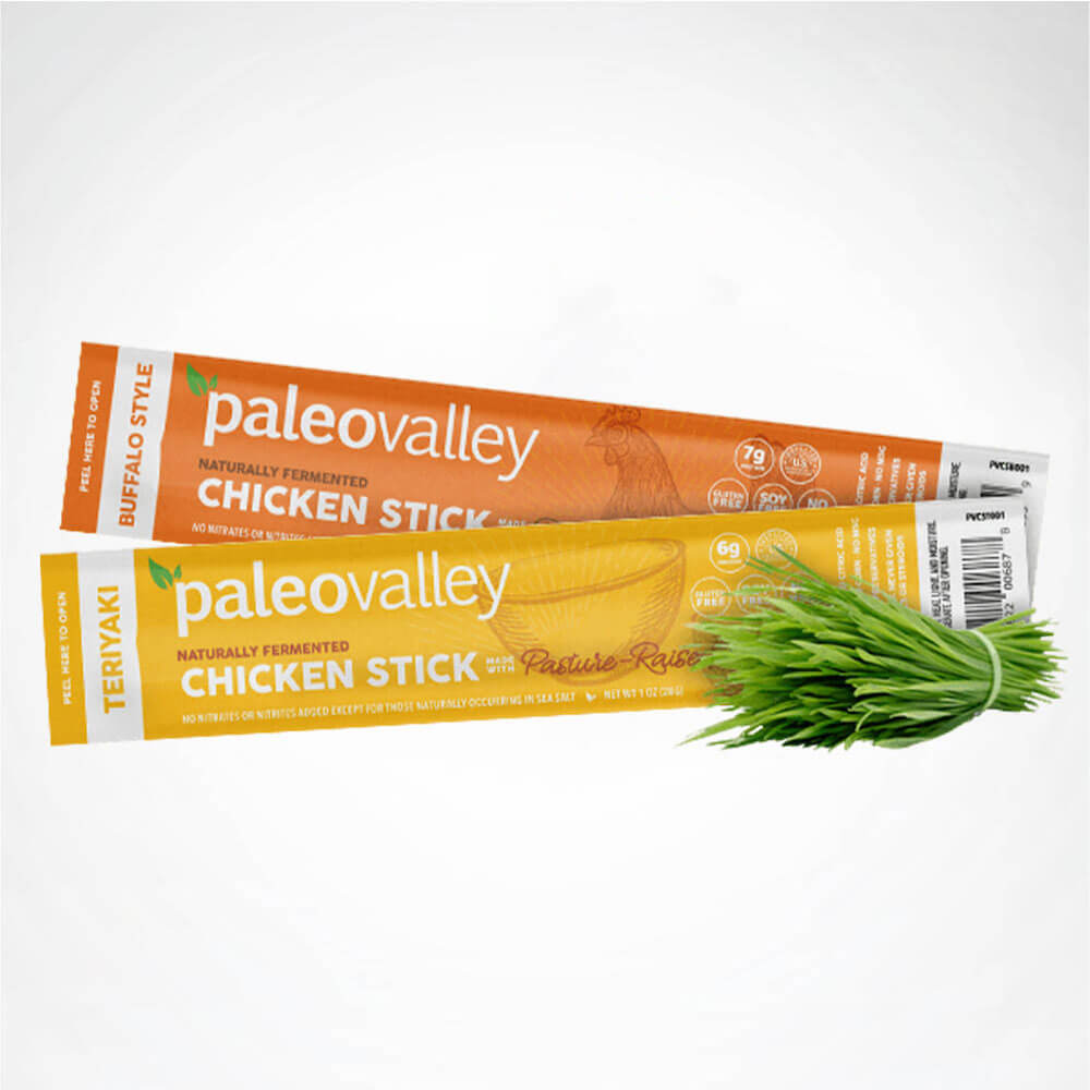 Pasture-raised chicken sticks with fresh herbs highlighting clean protein snack