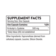 Supplement Facts of Thorne NAC - N-Acetylcysteine - 180 Servings