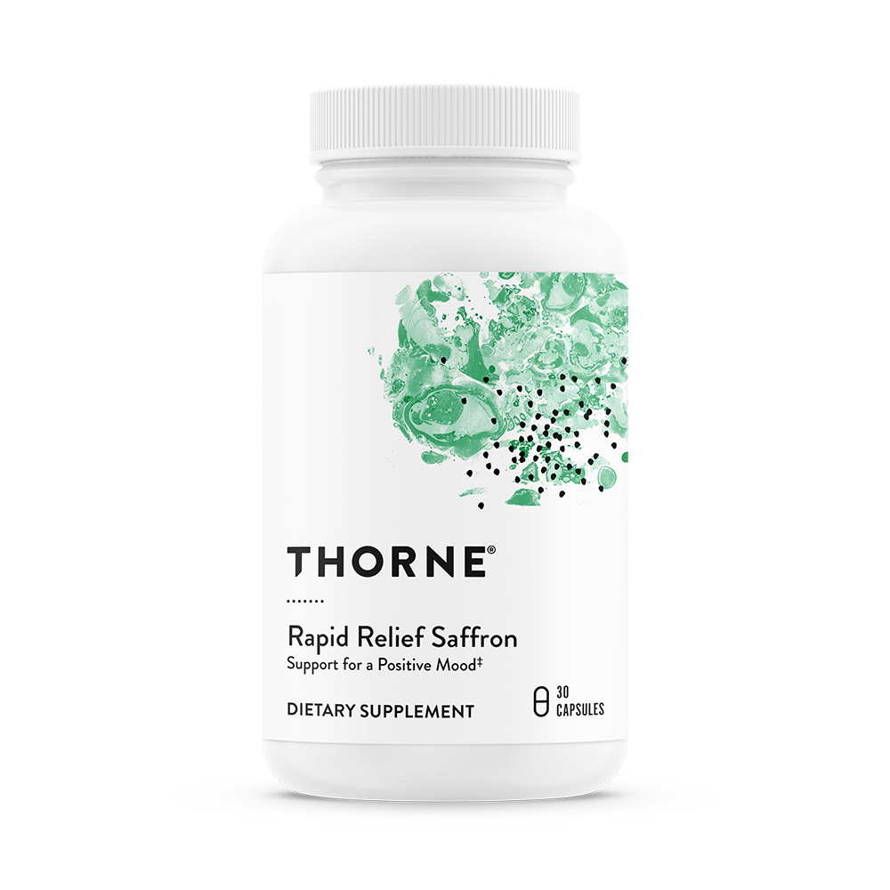 Thorne Rapid Relief Saffron dietary supplement featuring clinically studied Safr'Inside® saffron extract to support emotional well-being, a balanced stress response, and healthy sleep.