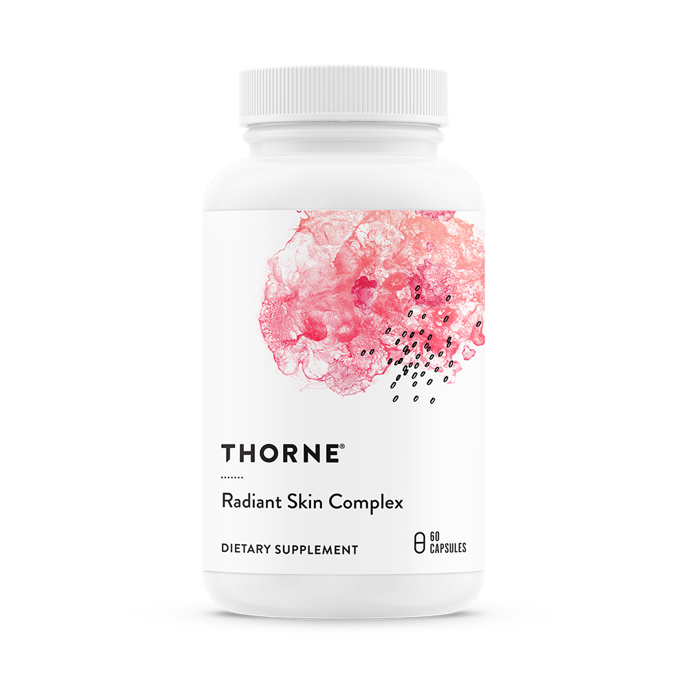 Thorne Radiant Skin Complex dietary supplement formulated to support skin hydration, elasticity, collagen integrity, and healthy skin aging from within.