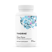 Thorne Clear Focus dietary supplement bottle with clinically formulated caffeine-free cognitive support for focus, memory, and mental clarity