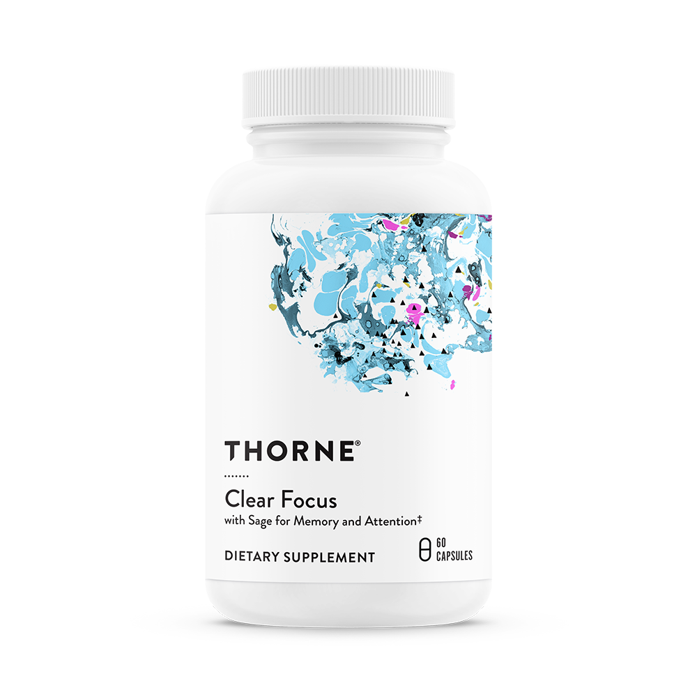 Thorne Clear Focus dietary supplement bottle with clinically formulated caffeine-free cognitive support for focus, memory, and mental clarity