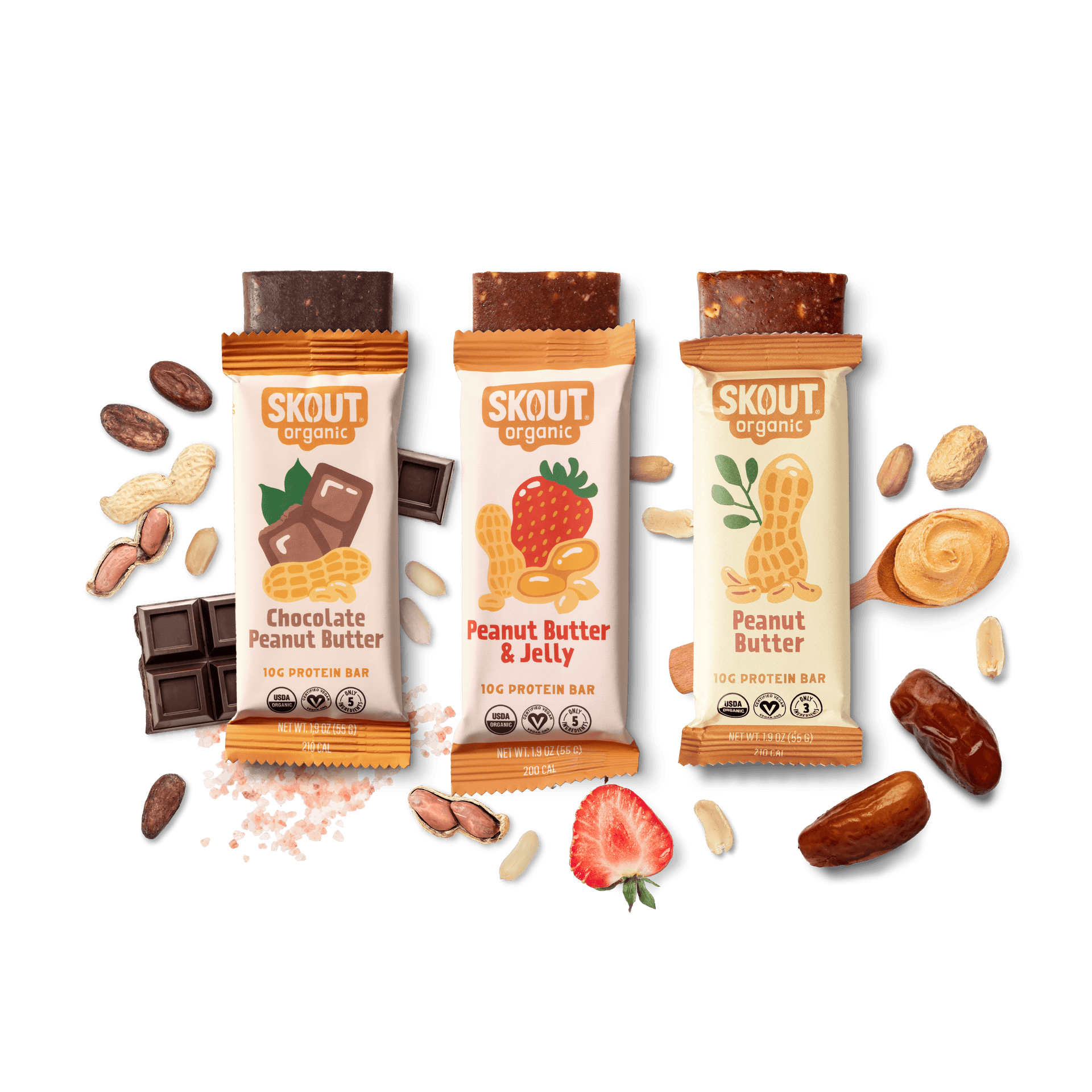 Three Skout organic protein bars with ingredients on a dark background