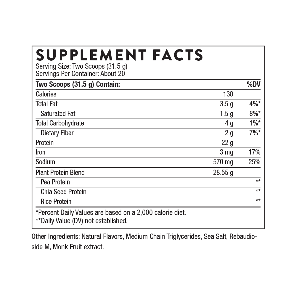Supplement Facts of Thorne Plant Protein - Vanilla