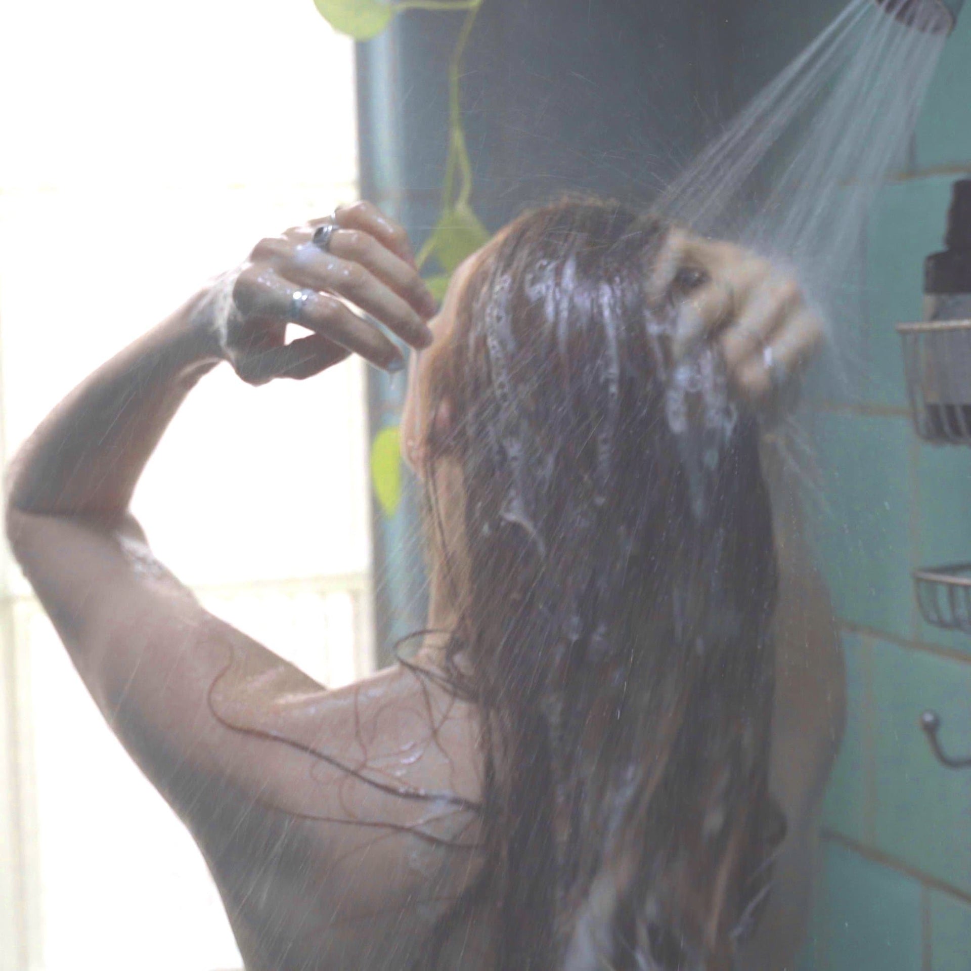 Person washing hair with botanical shampoo as part of a healthy hair care routine