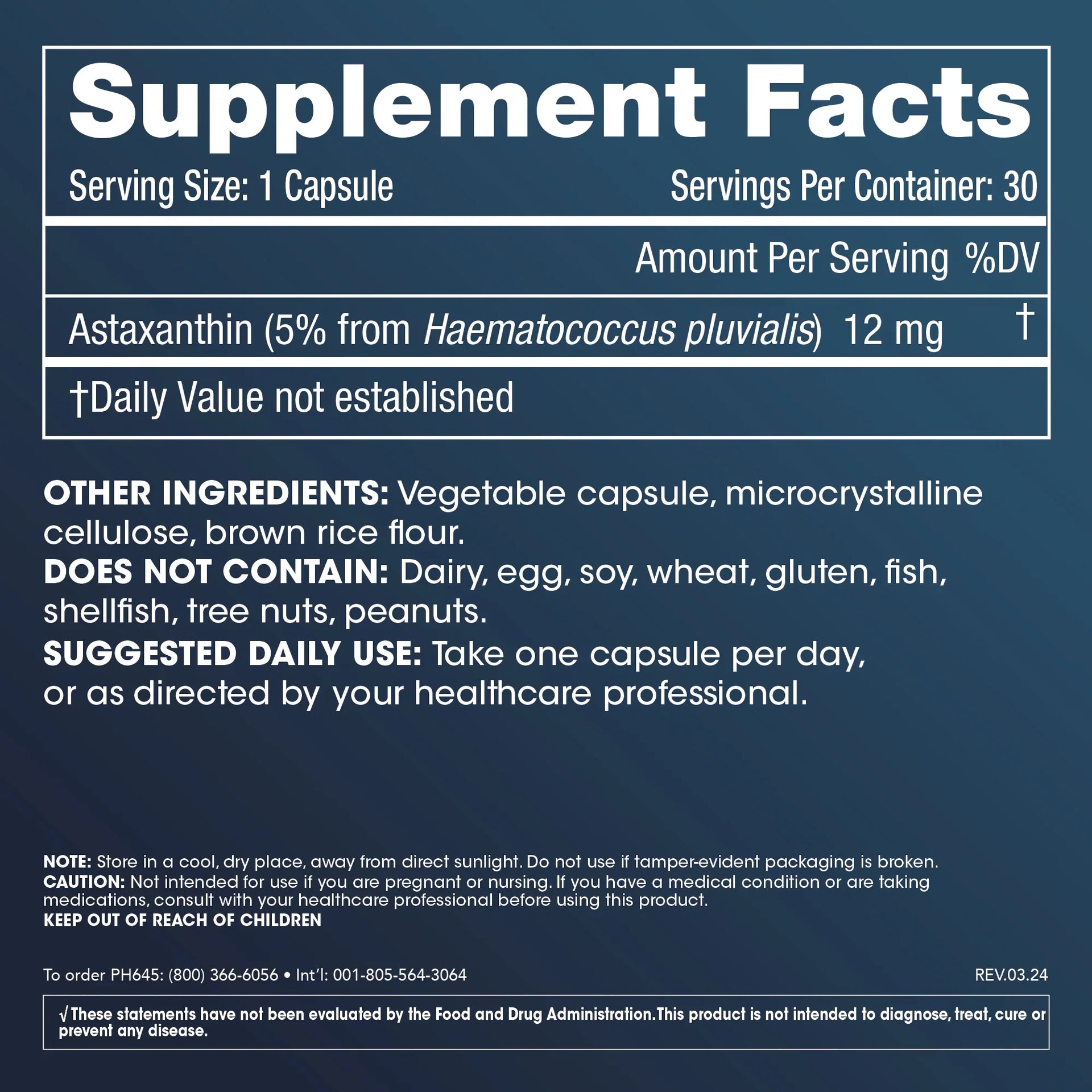 Prohealth Longevity Astaxanthin - 12 mg, 30 Capsules - Supplement Fact