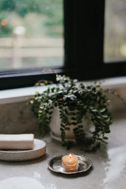Busy Bees tea lights from The Queen Bee Bundle styled beside a window with ceramic dishes and soft greenery accents.