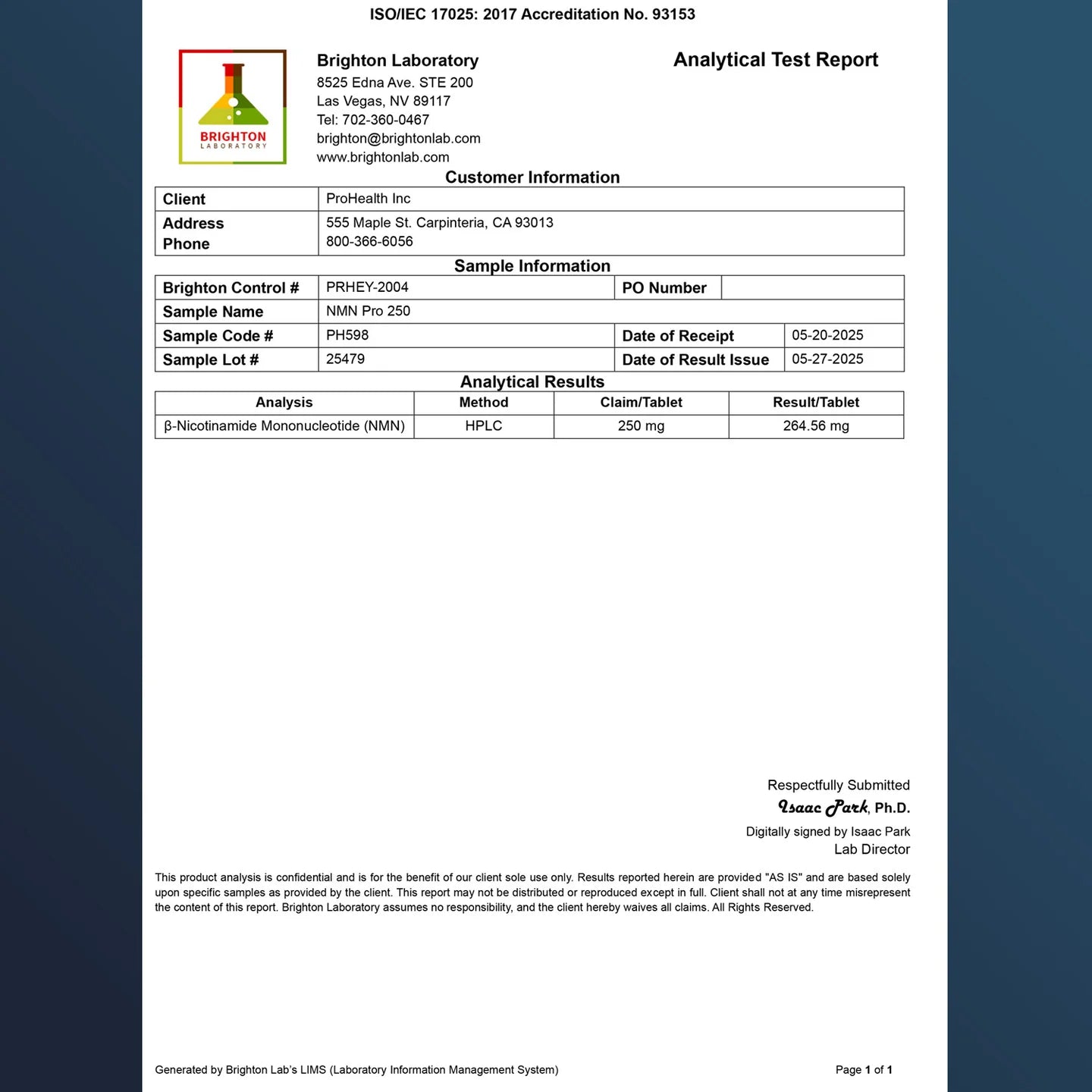 ProHealth Longevity NMN Pro™ 250 Sustained Release - Analytical Test Report