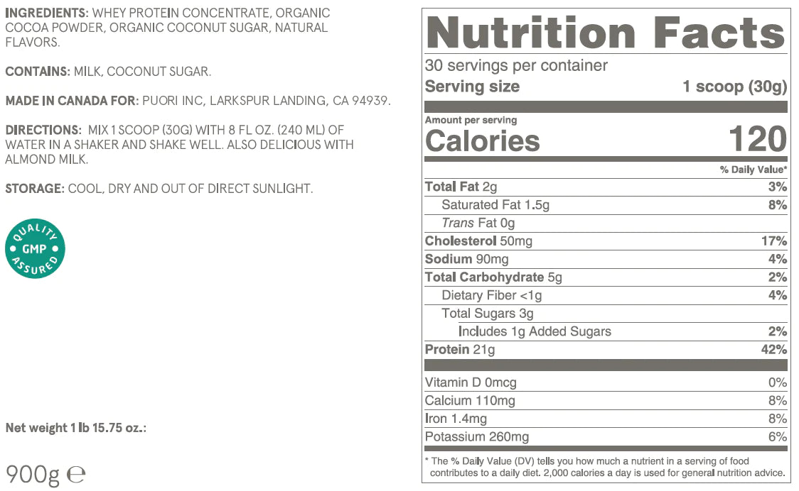 Puori Chocolate Protein Shake Mix Supplement Facts